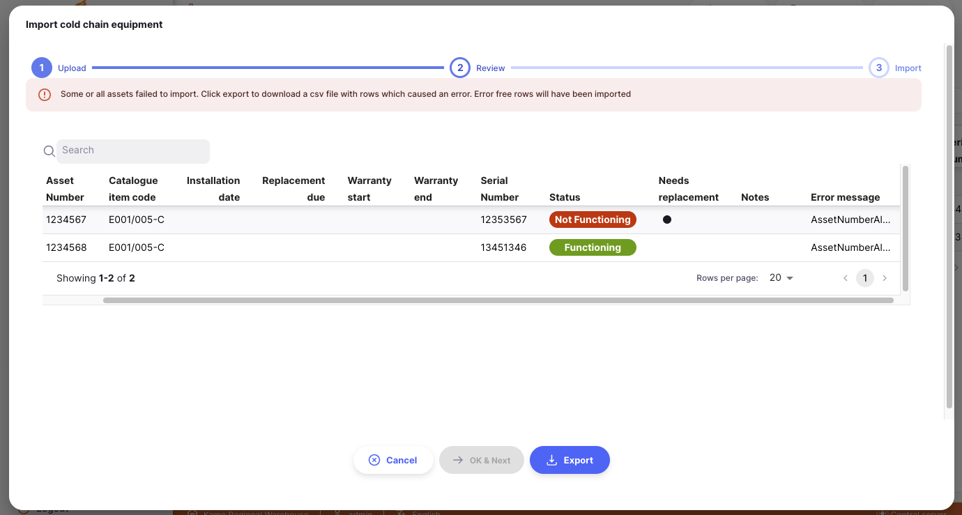 Import cold chain equipment dialog showing failed import with error messages