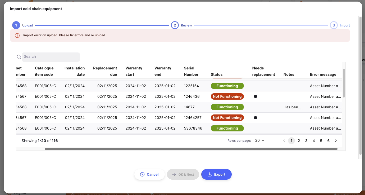 Import cold chain equipment dialog showing import errors with error messages