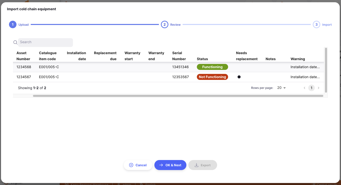 Import cold chain equipment dialog showing warnings for assets with installation date issues