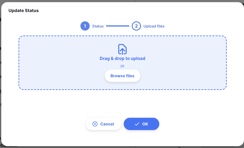 Update Status dialog showing document upload step with drag and drop area