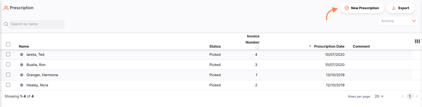 New dispensing record button in the top right corner of the dispensing list