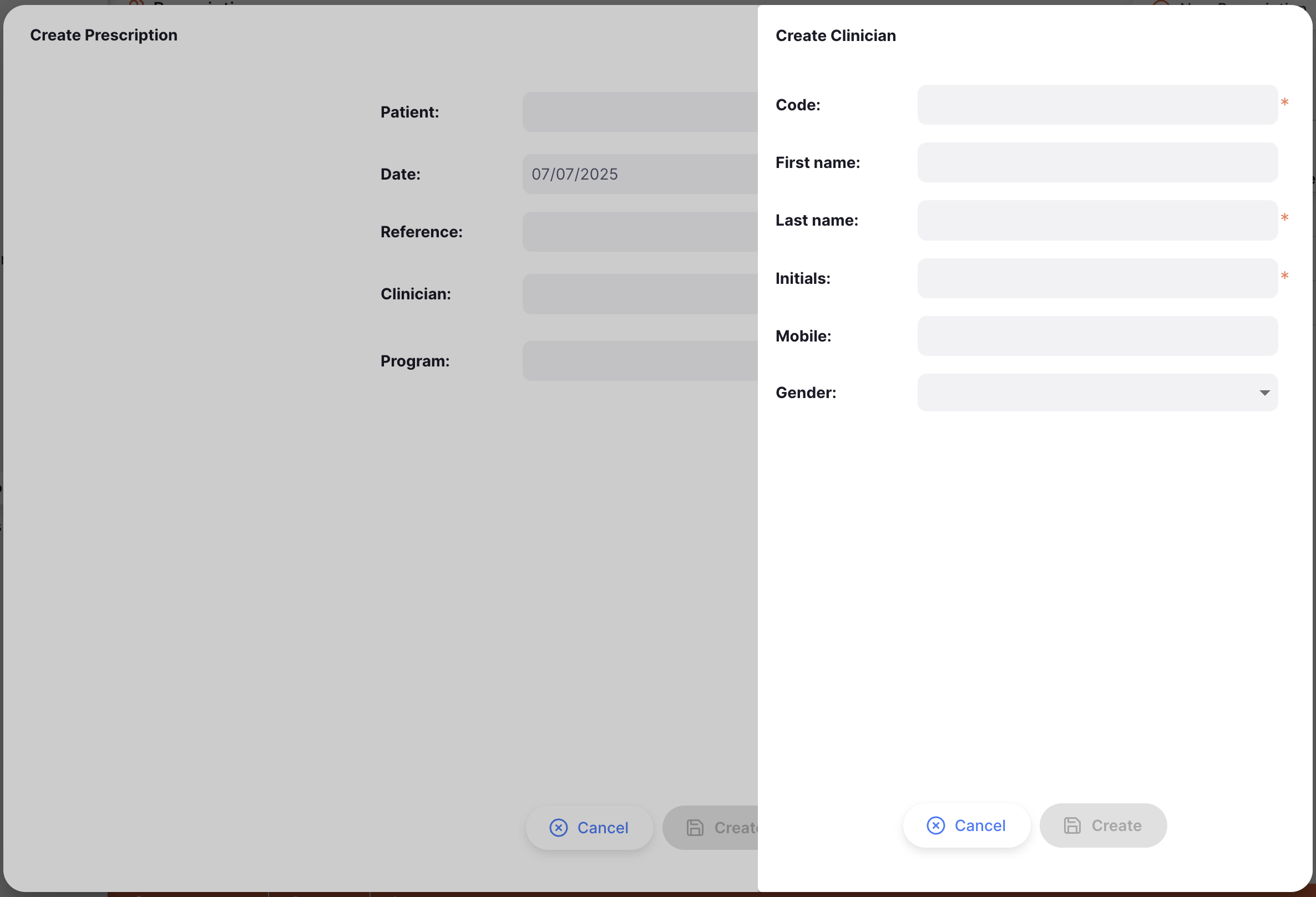 New clinician creation form with fields for clinician details and a Create button