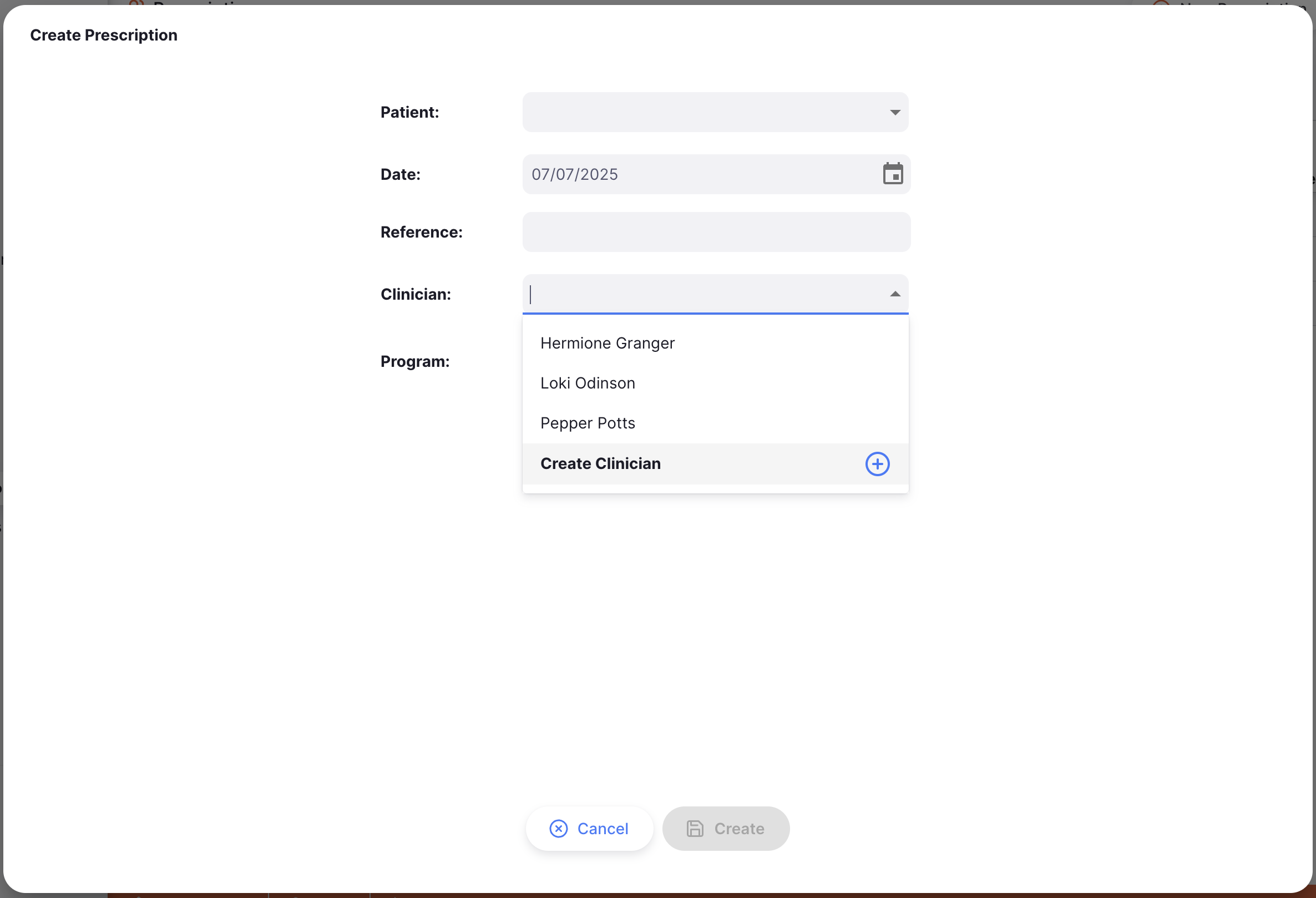 Clinician search field showing results and a Create clinician option when no match is found