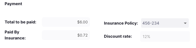 Payment modal showing the discount amount and insurance-covered amount populated after selecting an insurance policy