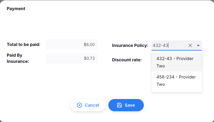 Insurance policy dropdown in the payment modal for selecting the patient's insurance scheme
