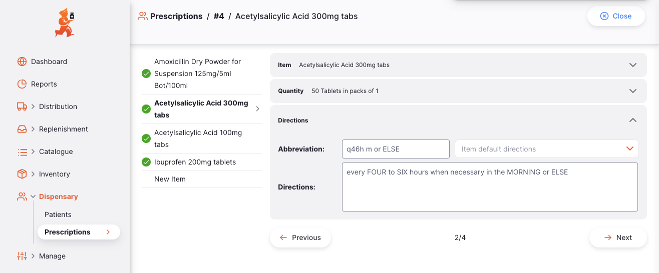 Prescription label with abbreviated directions expanded to full text for printing