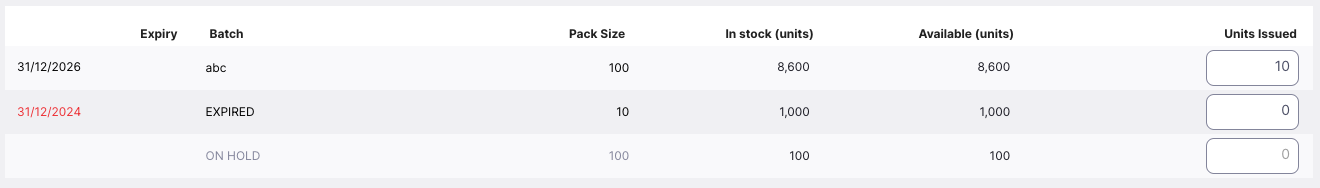 List of available batch numbers showing Expiry, Batch, Pack Size, In Stock, Available, and Units Issued columns