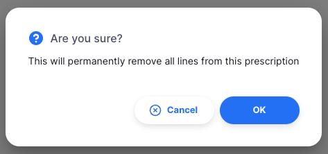 Warning shown when changing the prescription date after stock has already been assigned, indicating existing lines will be removed