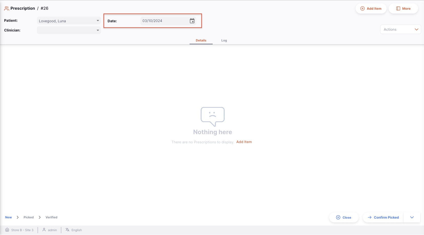 Date field in the prescription header highlighted for editing to backdate the prescription