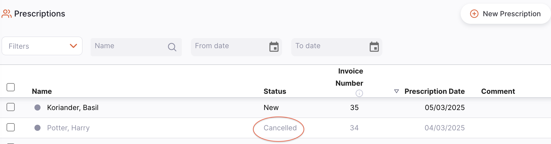 Prescription in the list showing a CANCELLED status