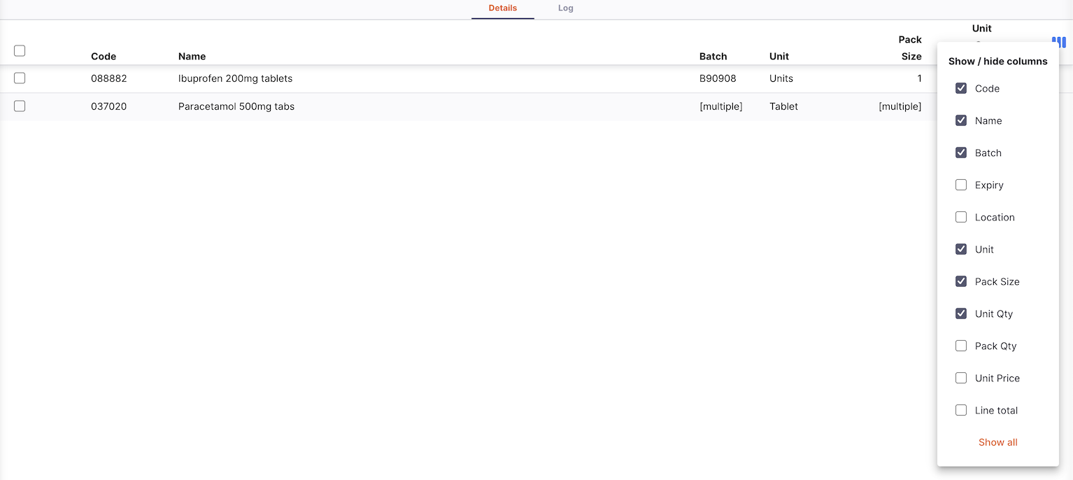 Step 3: Prescription table updated to show only the selected columns with the button highlighted blue