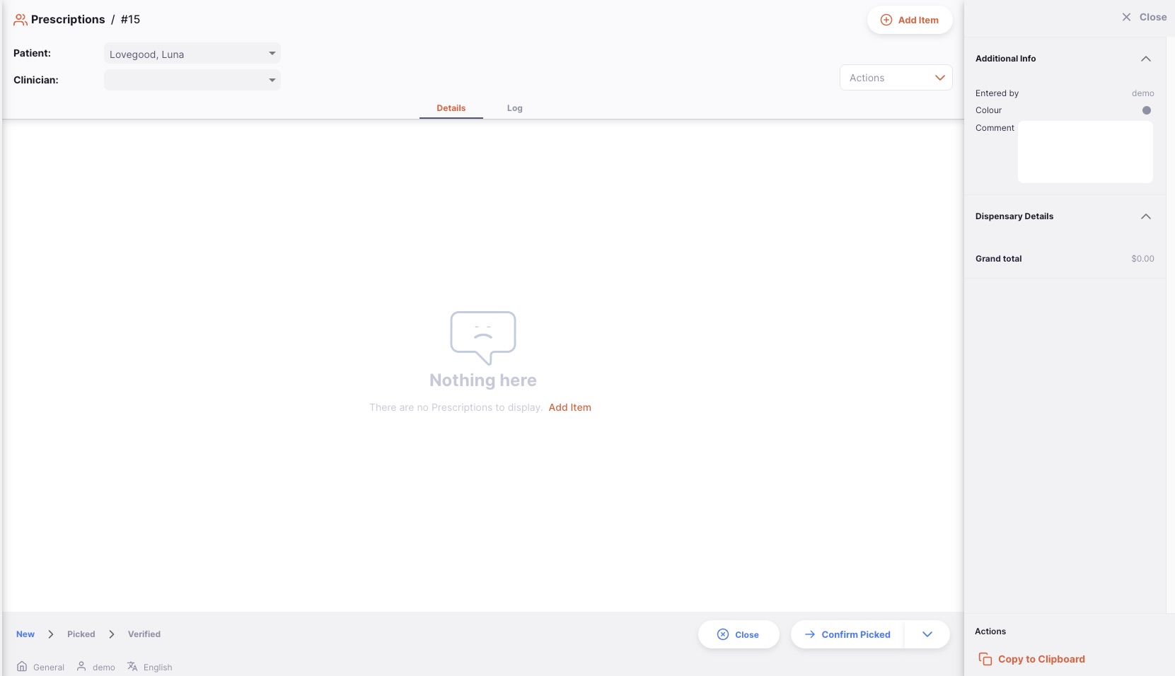 Newly created prescription showing patient name in the top left and status set to NEW