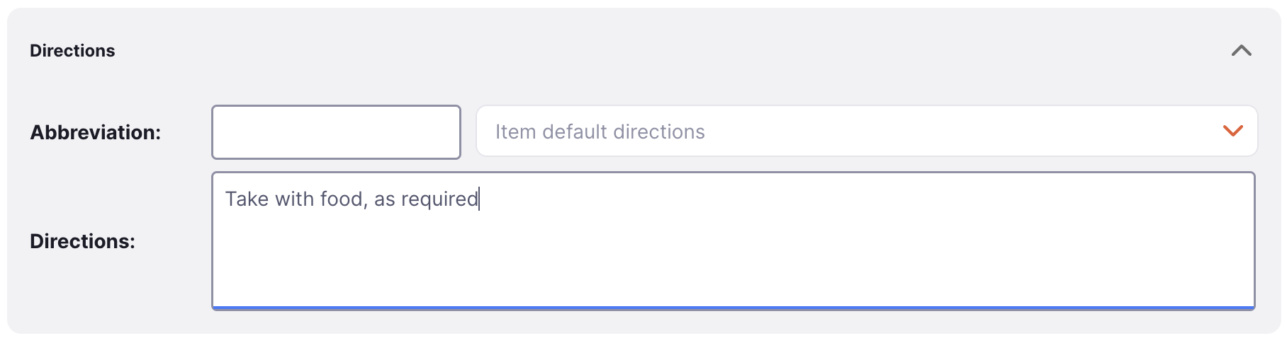 Directions text box with manually entered patient use instructions