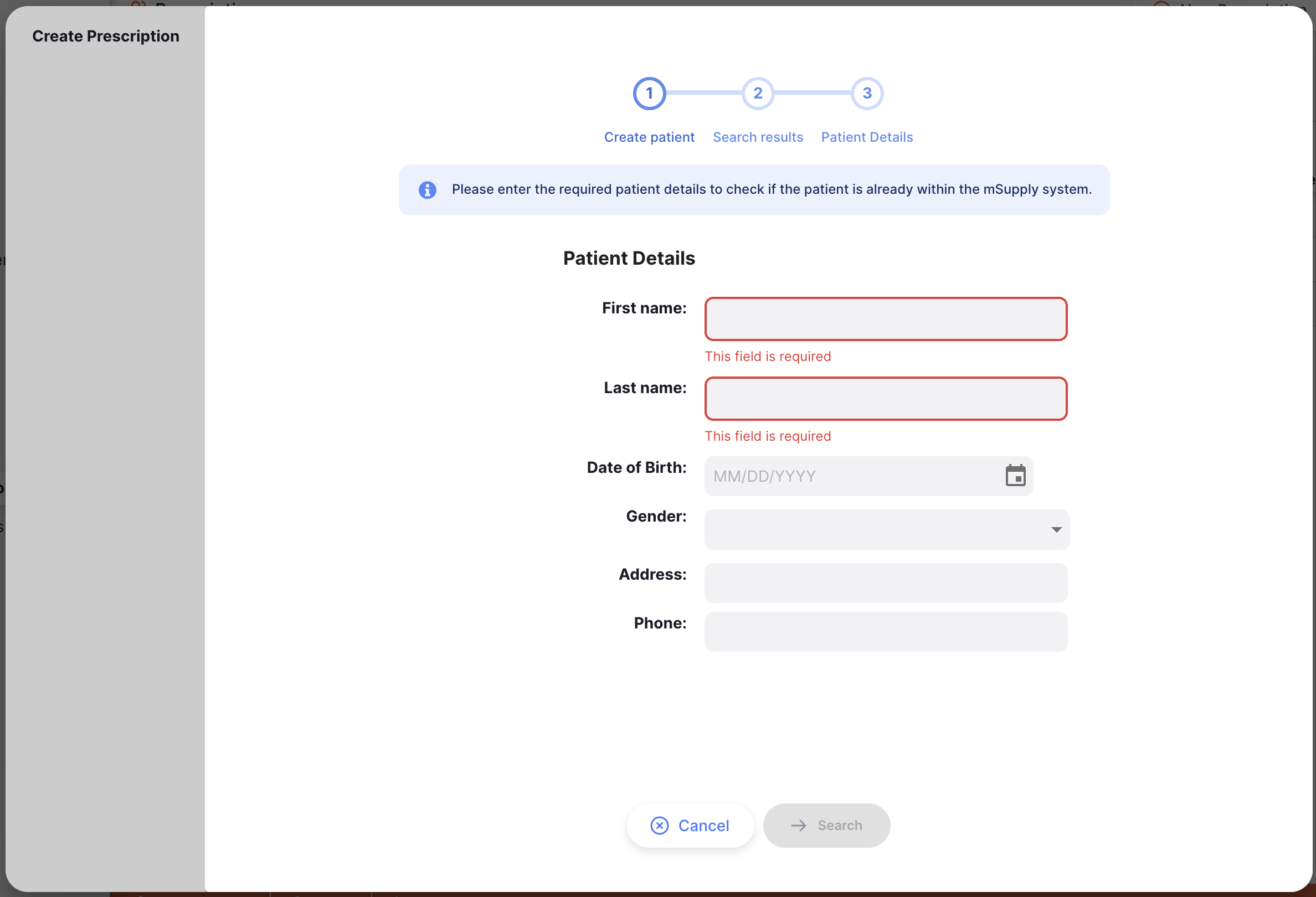 Create new patient form with first name and last name fields and a Search button