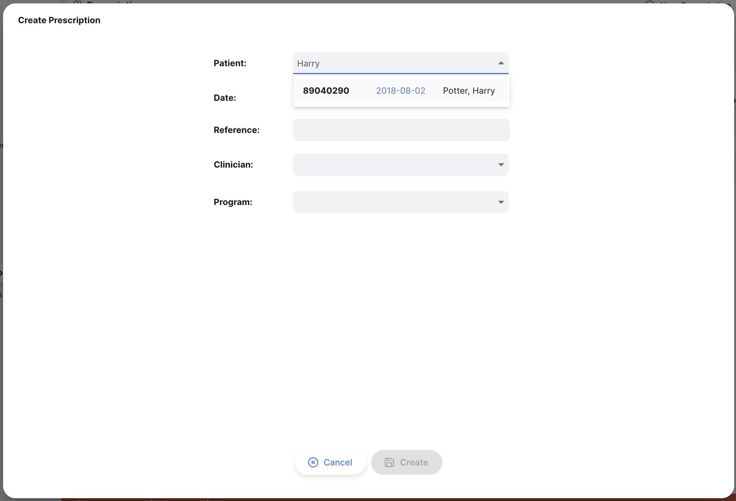 Create dispensing record window with patient search field and optional prescription details