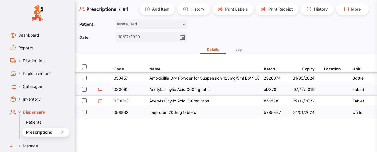 Prescription detail view showing Print Labels button and comment bubble icons on lines that have directions