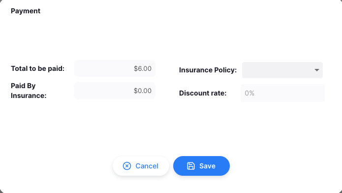 Payment modal showing fields for entering payment method and amount for a prescription