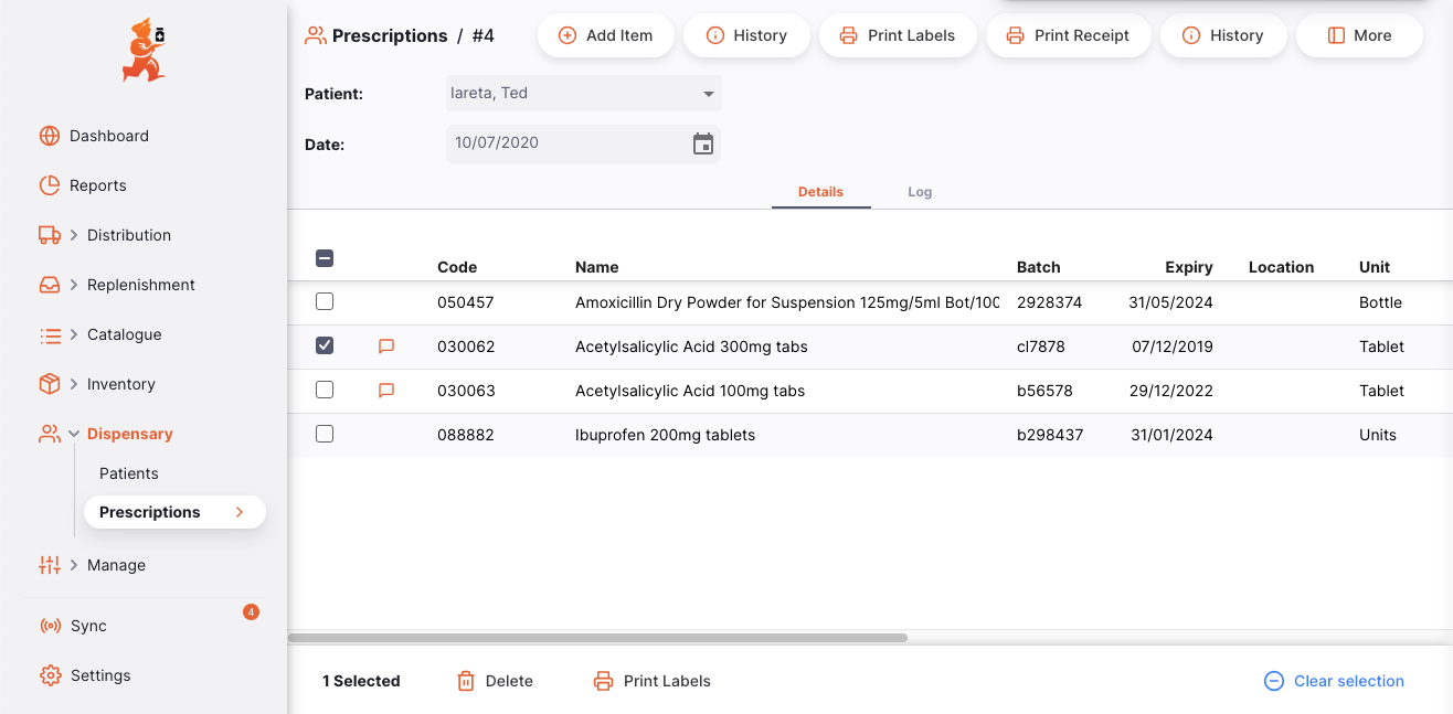 Action bar at the bottom of the prescription showing Print Labels button after selecting individual rows