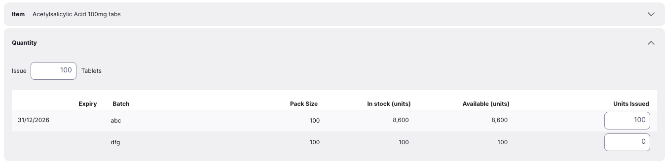 Quantity section showing available batches and the item unit type