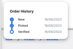 Prescription history popup showing dates when status changed from New to Picked to Verified