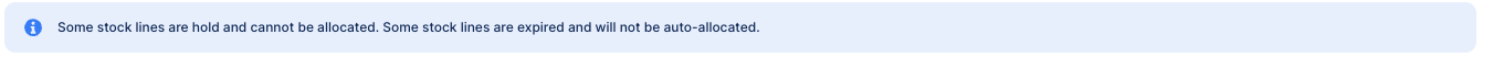 Warning message indicating some stock is on hold or expired and cannot be auto-allocated