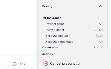 Cancel button in the side panel Actions section for cancelling a verified prescription