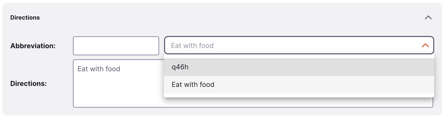 Dropdown list of default item directions available for selection