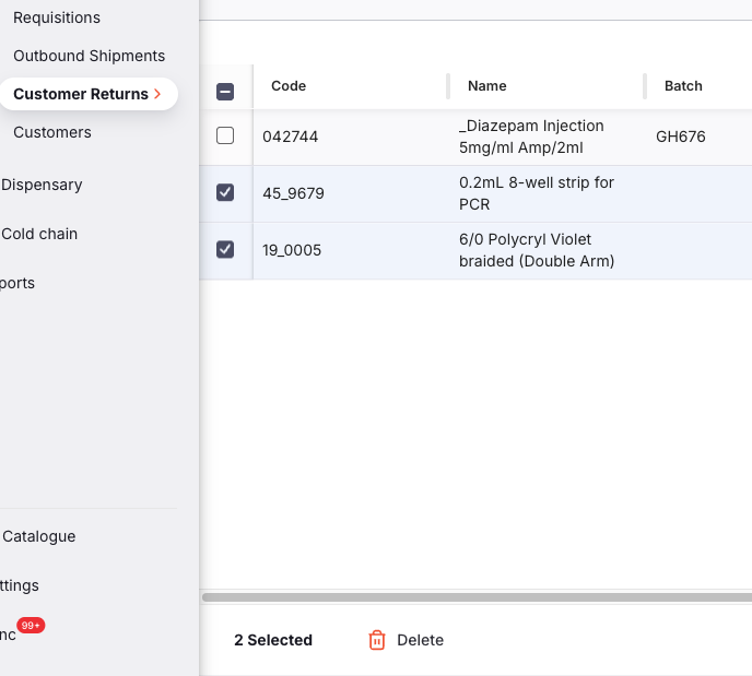 Deleting customer return lines - selected lines