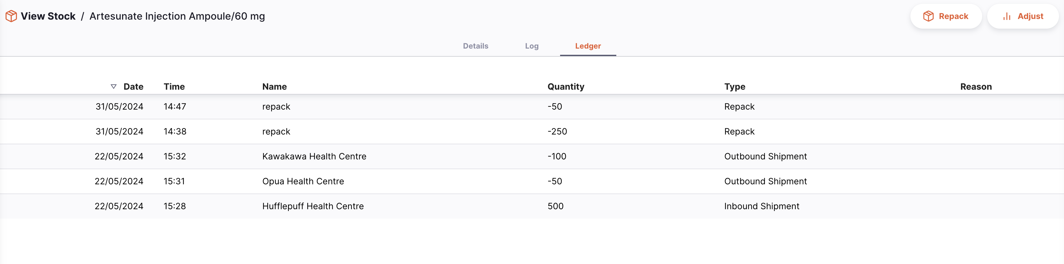 Stock line ledger