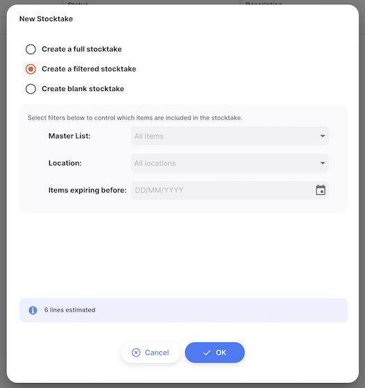 Stocktake: new filtered