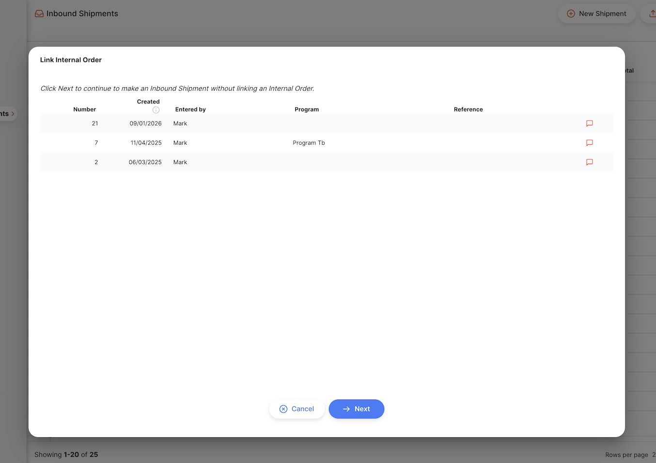 Select internal order