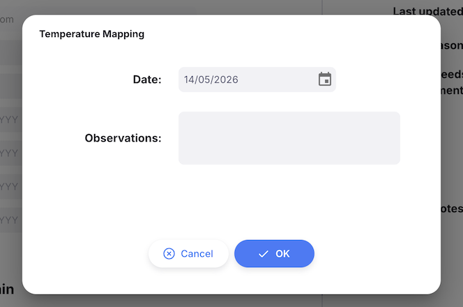 Temperature Mapping dialogue showing Date and Observations fields