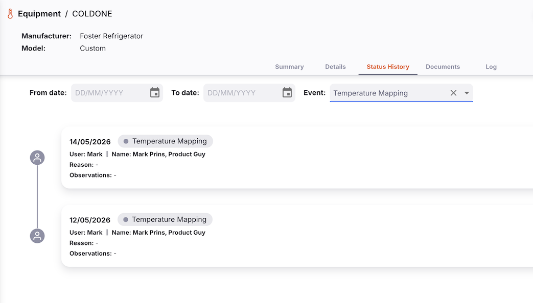 Status history tab filtered to show Temperature Mapping entries