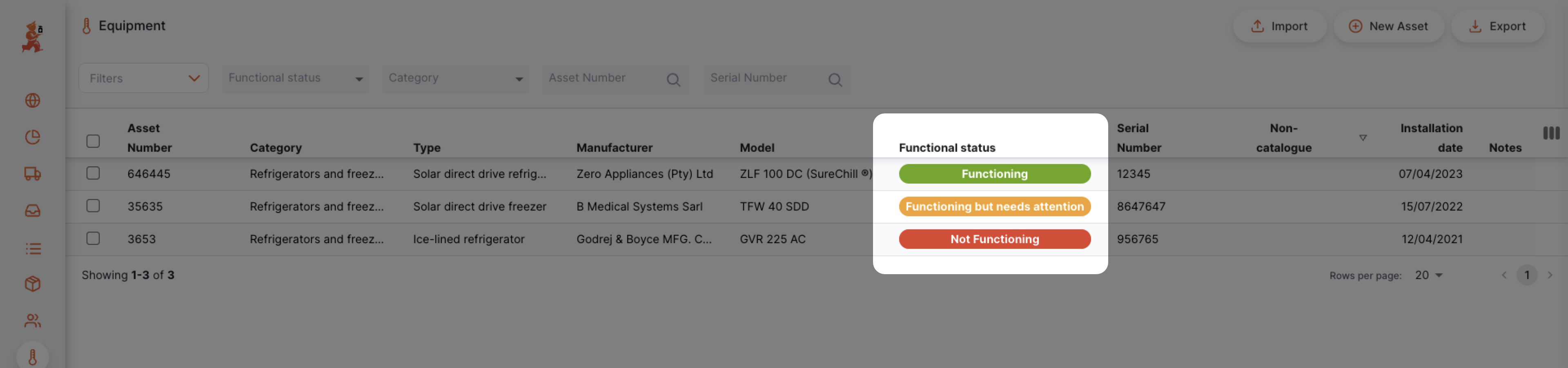 Equipment list with Functional Status filter showing options: Functioning, Functioning but needs attention, Not Functioning