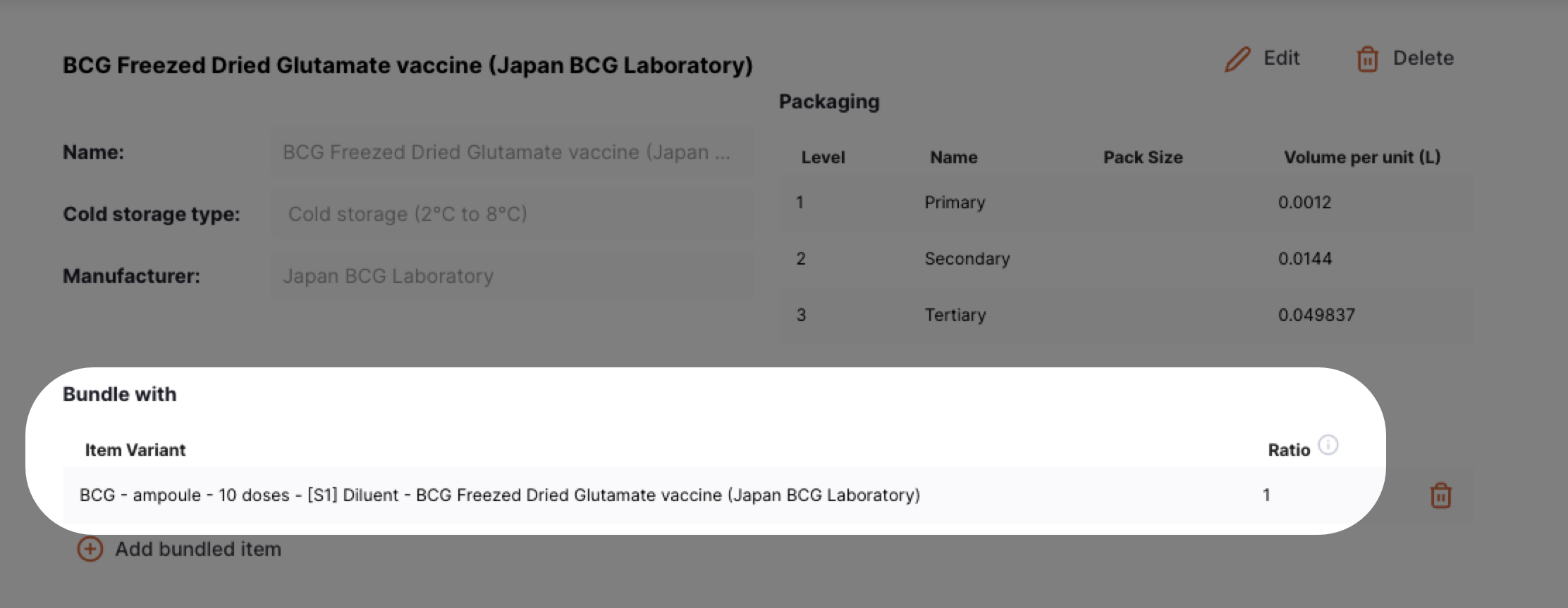 Item variant detail for BCG vaccine showing bundle configuration with packaging levels and diluent