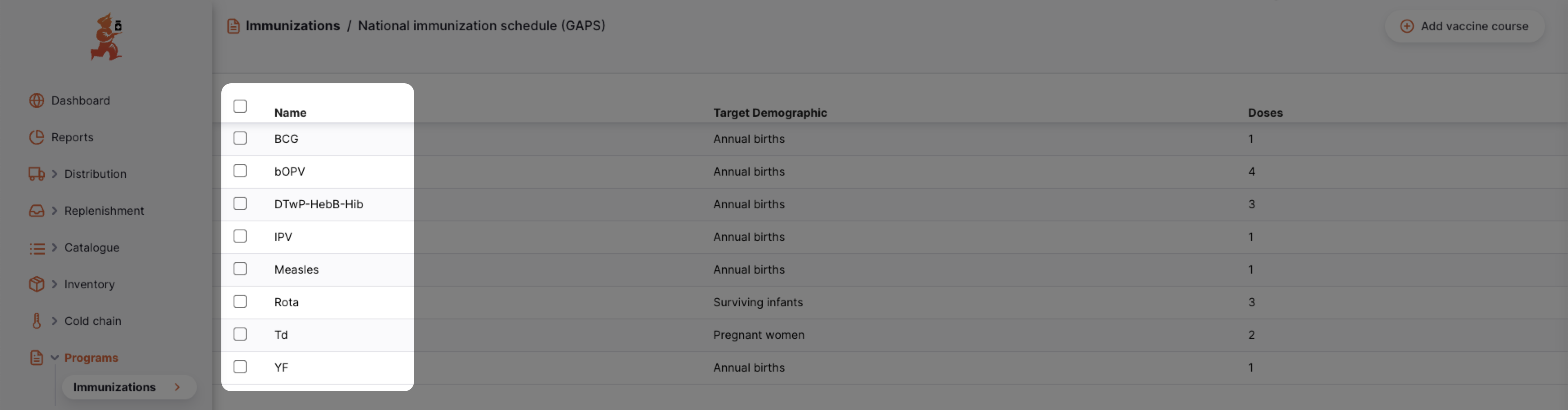 Immunizations program showing vaccine courses list with checkboxes for selection