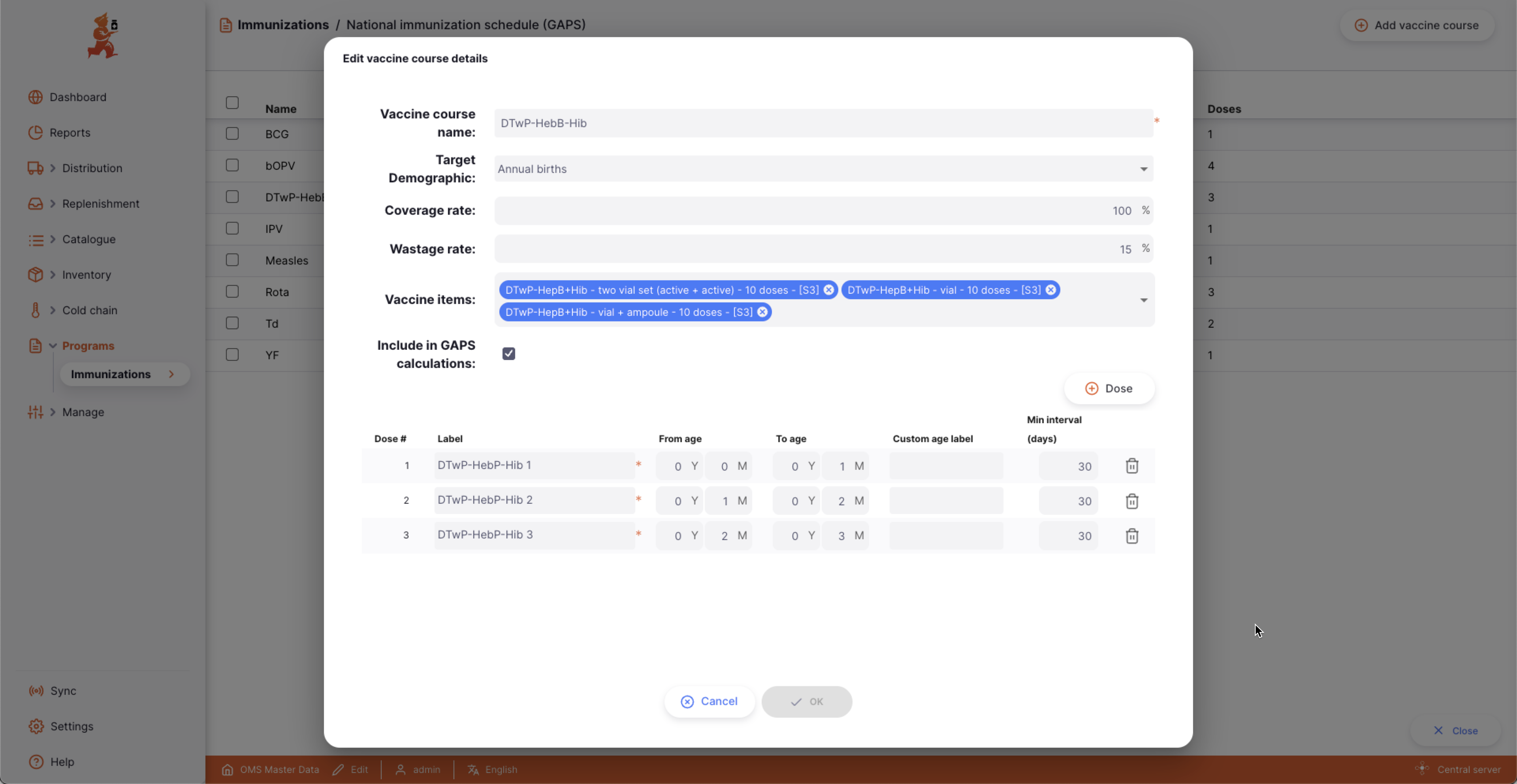 Edit vaccine course details dialog showing target demographic, coverage rate, wastage rate and dose schedule
