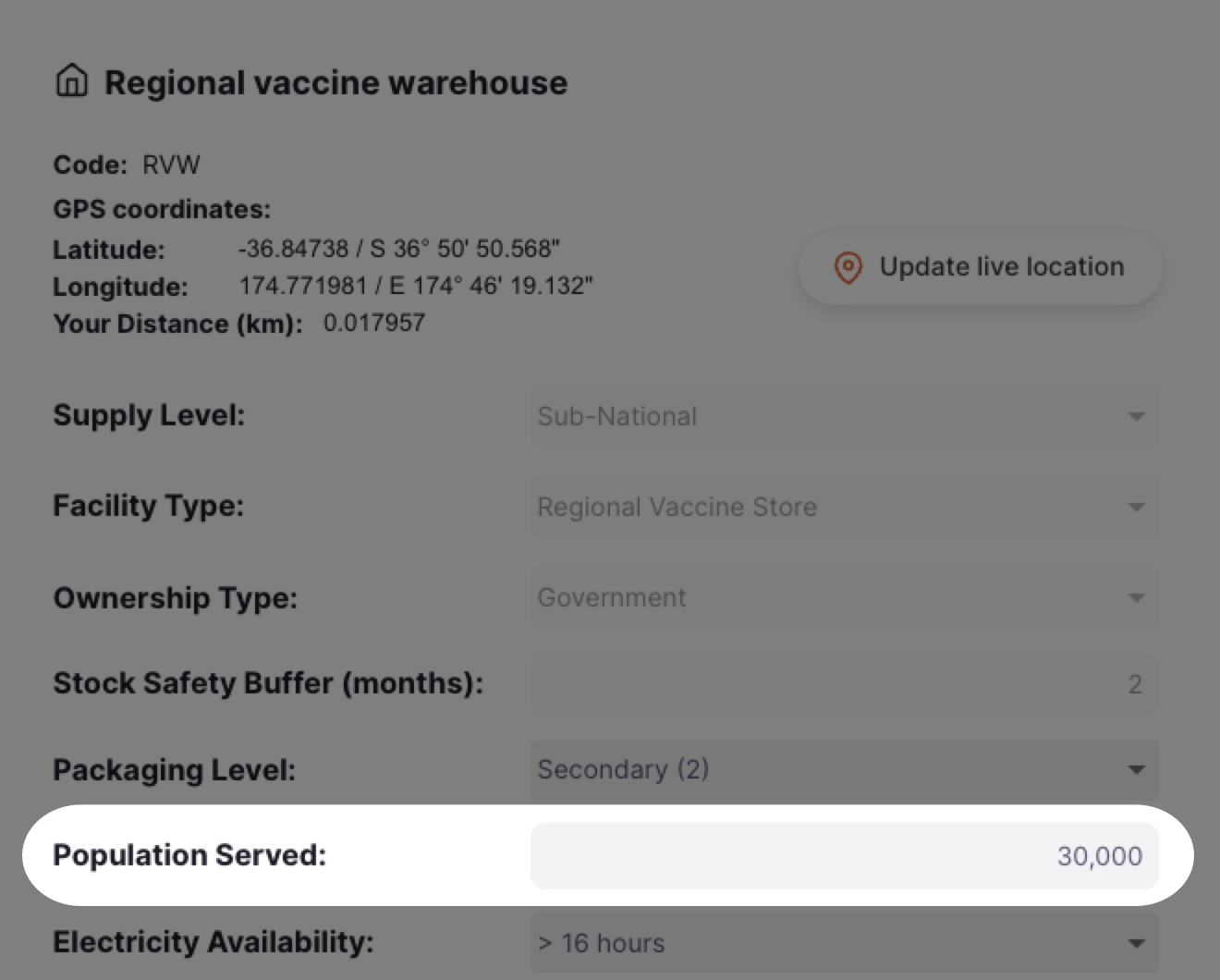 Store detail for Regional vaccine warehouse with Population Served field highlighted