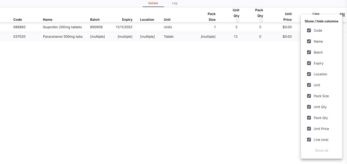Step 2: Column visibility checklist showing which columns can be shown or hidden