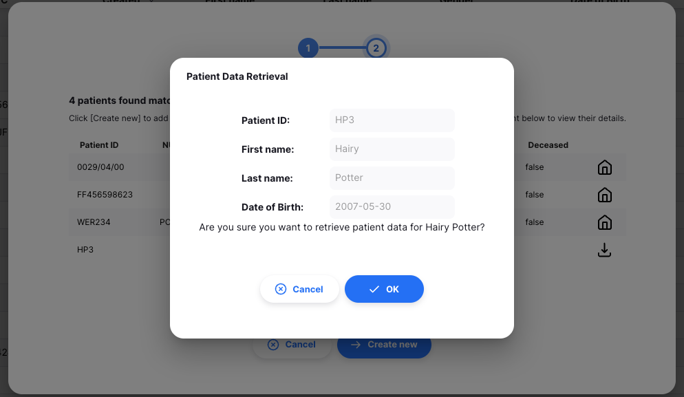 Confirmation dialog asking to confirm fetching the patient record