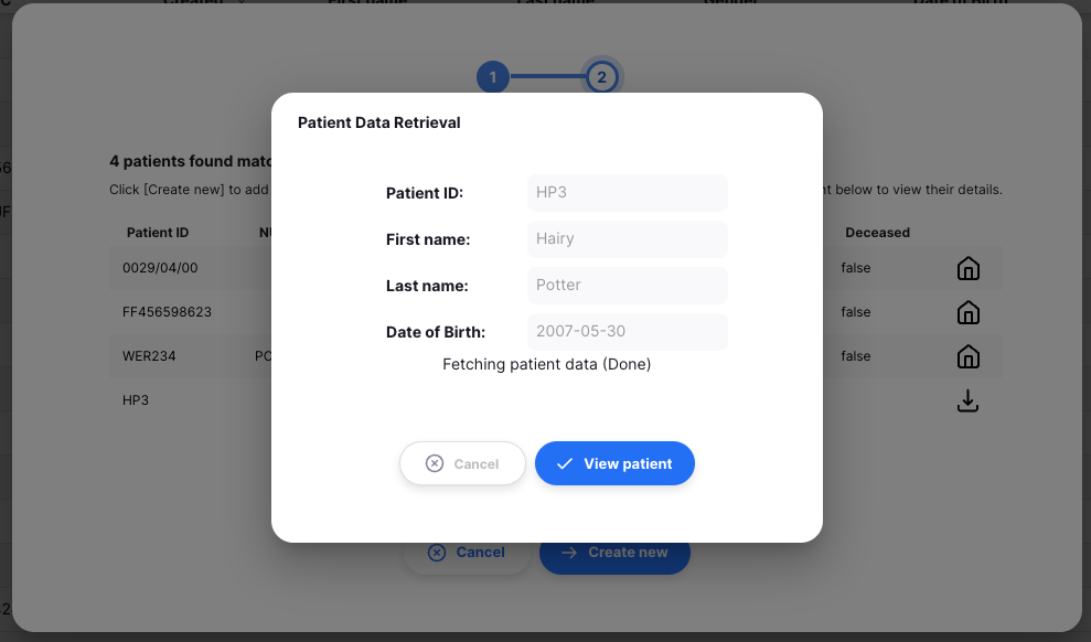 Success message after fetching patient data with a View patient button