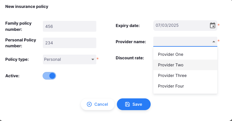 Insurance edit modal showing updated fields ready to be saved