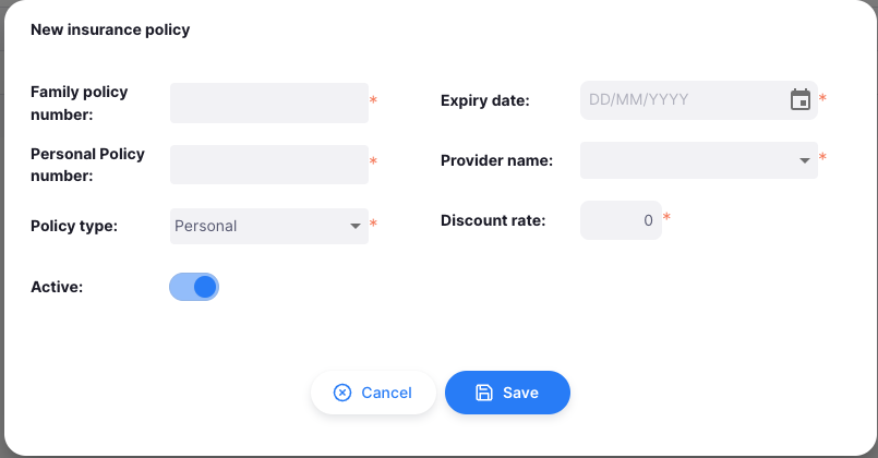 Empty insurance details modal with form fields to fill in