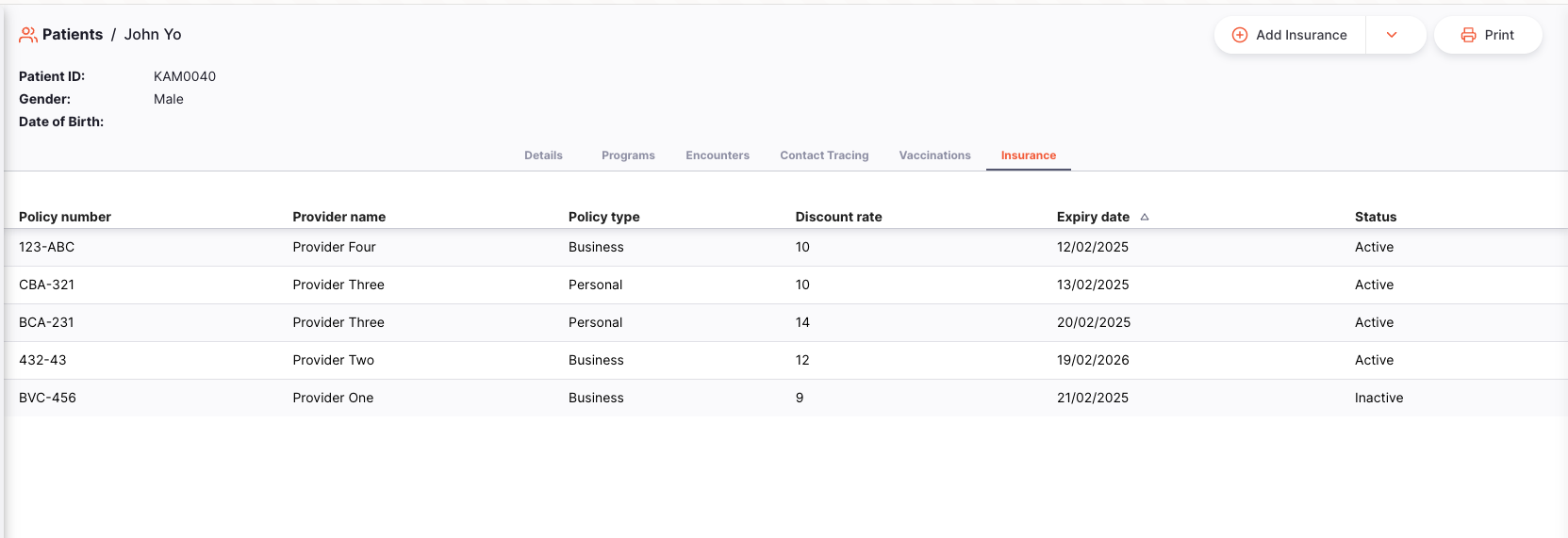 Insurance tab showing the list of insurance policies for a patient