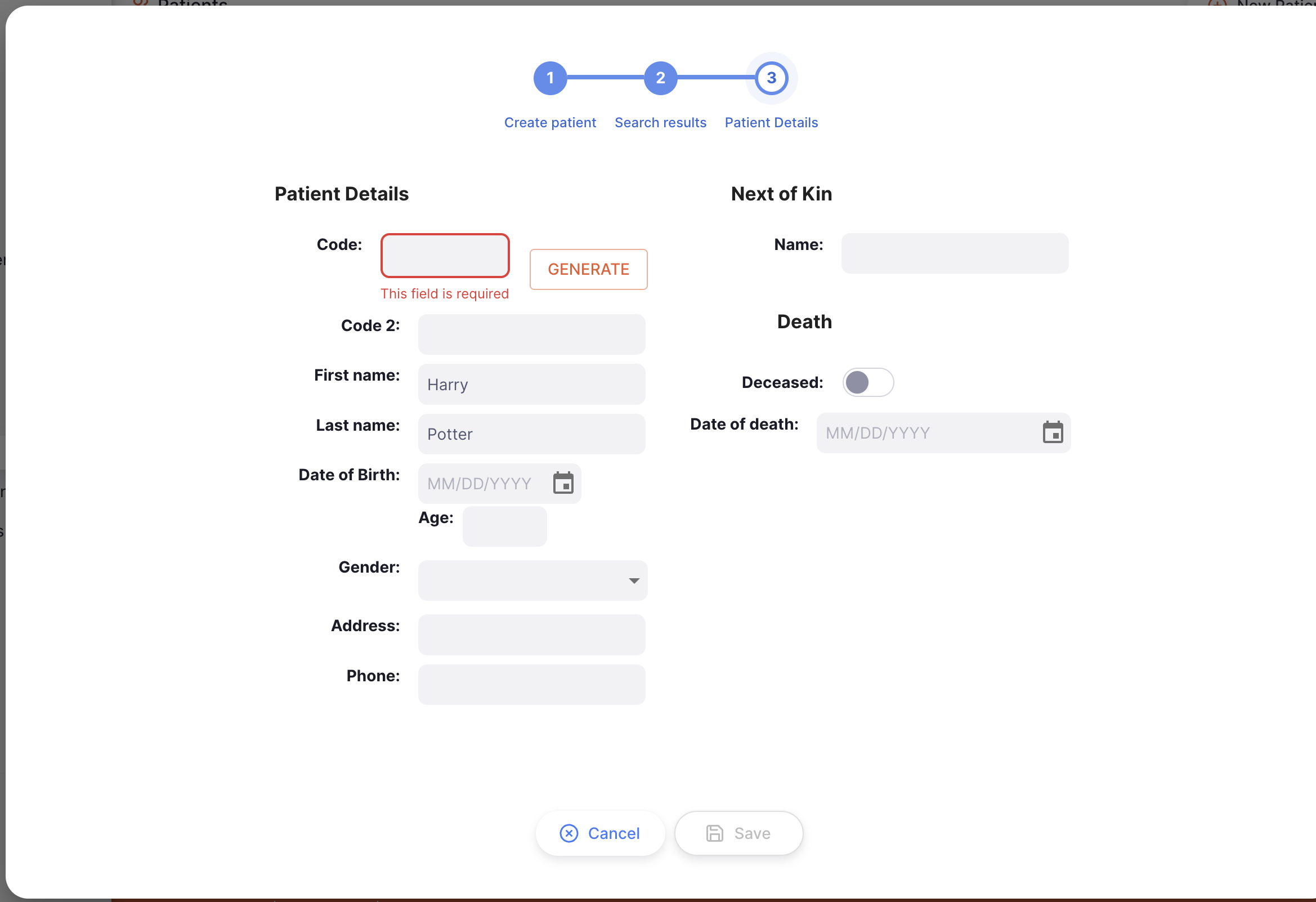 New patient creation form with fields for entering patient details