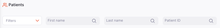 Patient filter search bar with fields for First name, Last name, and Patient ID