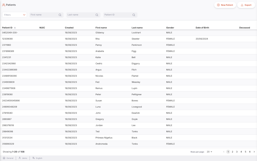 Patient list view showing columns for Patient ID, NUIC, Created date, First name, Last name, Gender, Date of Birth, and Deceased status
