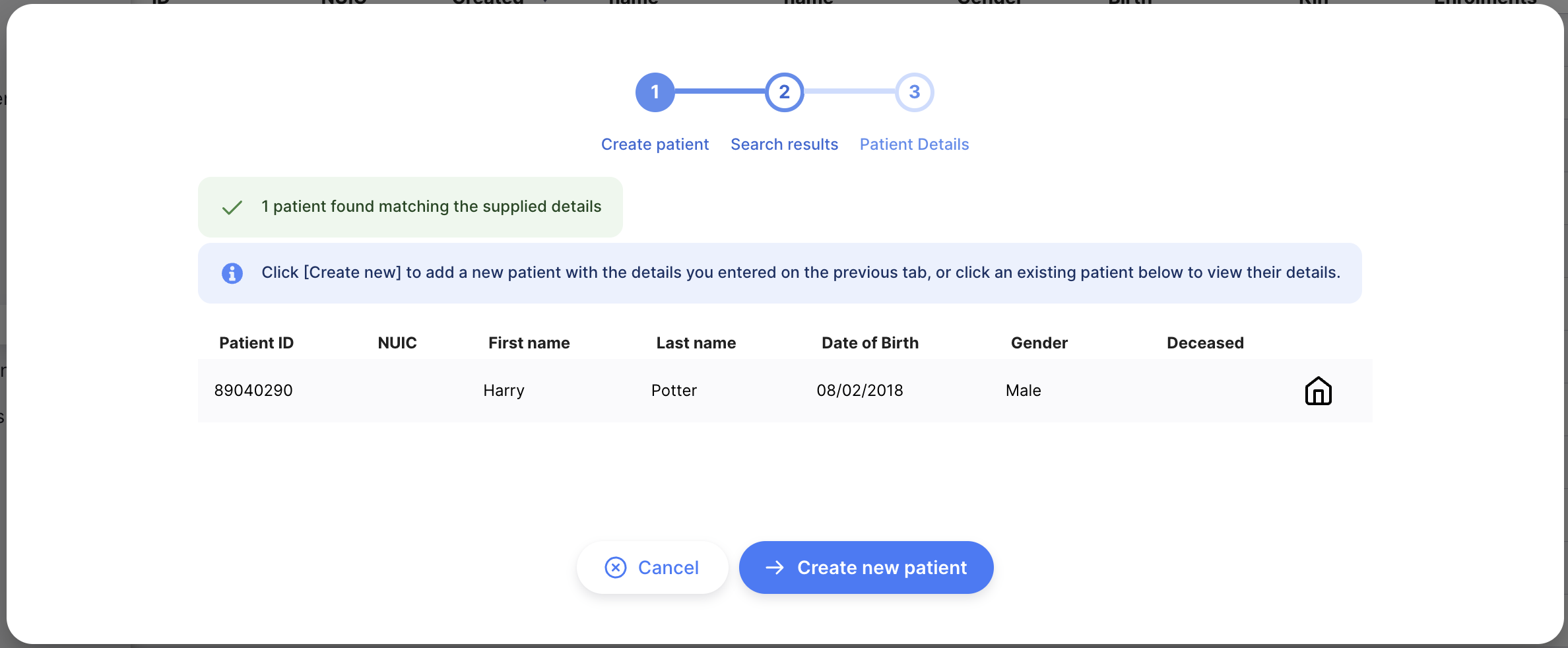 Patient search results showing matching patients to select from