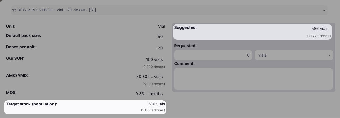 Internal order item detail for BCG vial showing stock on hand, suggested quantity and target stock