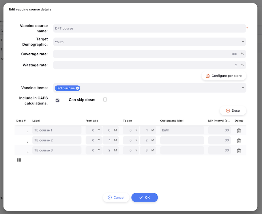 vaccine course: edit modal
